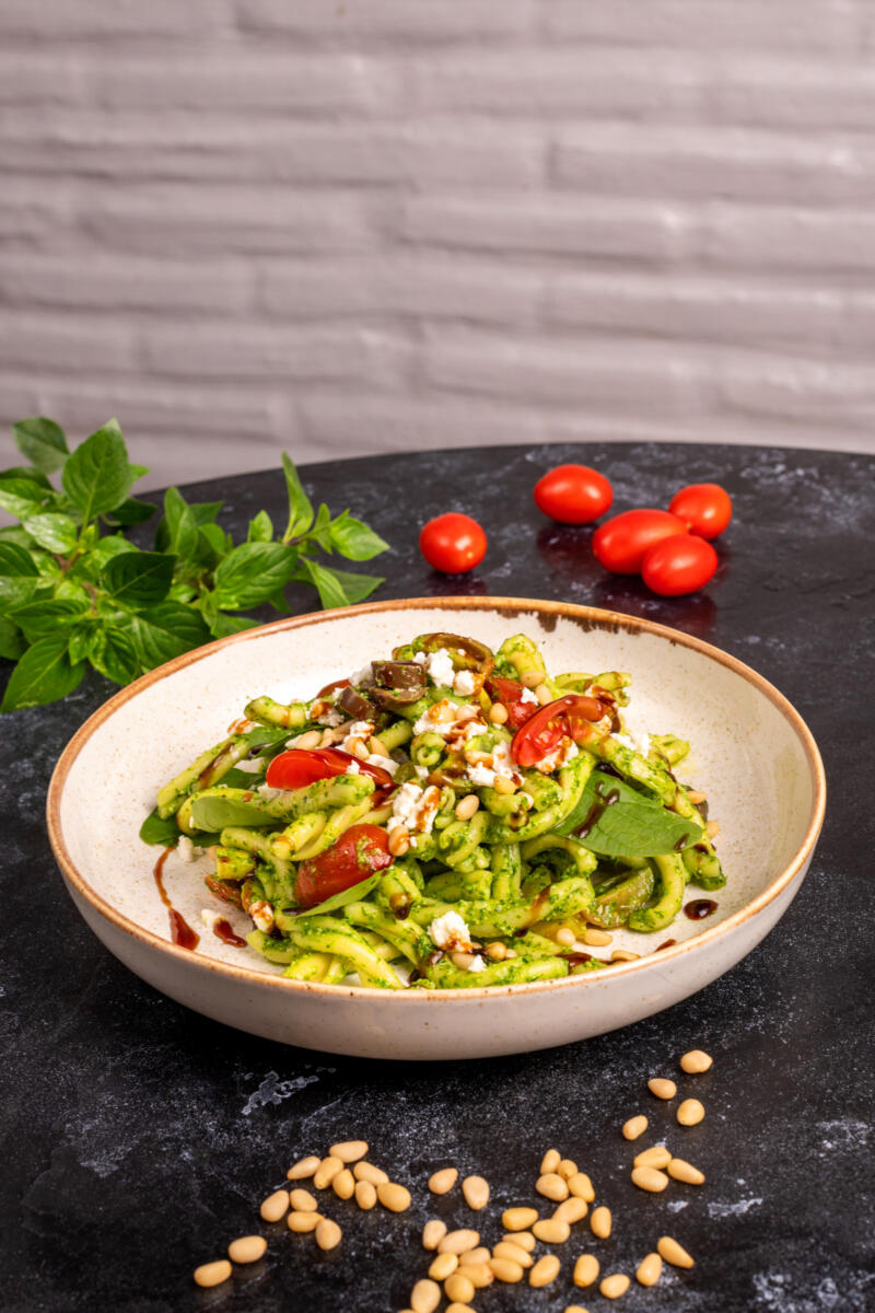 Cold salad with Casarecce and Basil Balsamic Cream
